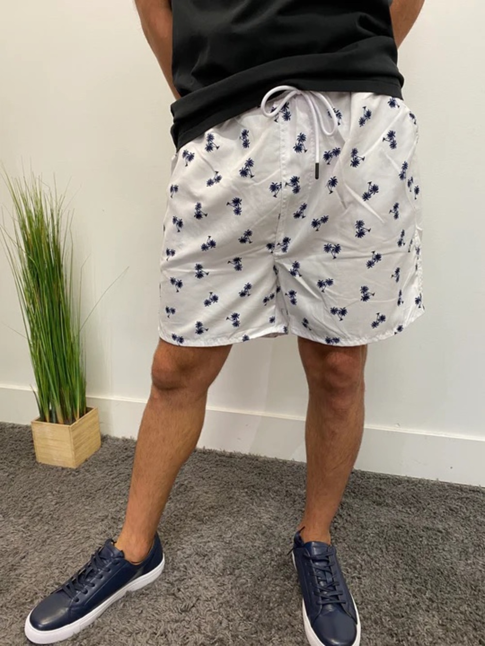 White Swim Shorts with Navy Palm Print